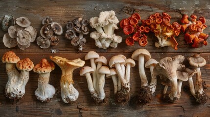 chanterelle mushrooms, scattered on a forest floor covered with moss.