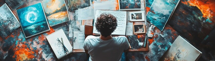 Creative writer surrounded by inspirational art and books, representing the influence of ideologies on creative expression