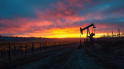 Fototapeta premium A vibrant sunset paints the sky in shades of orange and purple over a vineyard, with an oil pump jack in the foreground