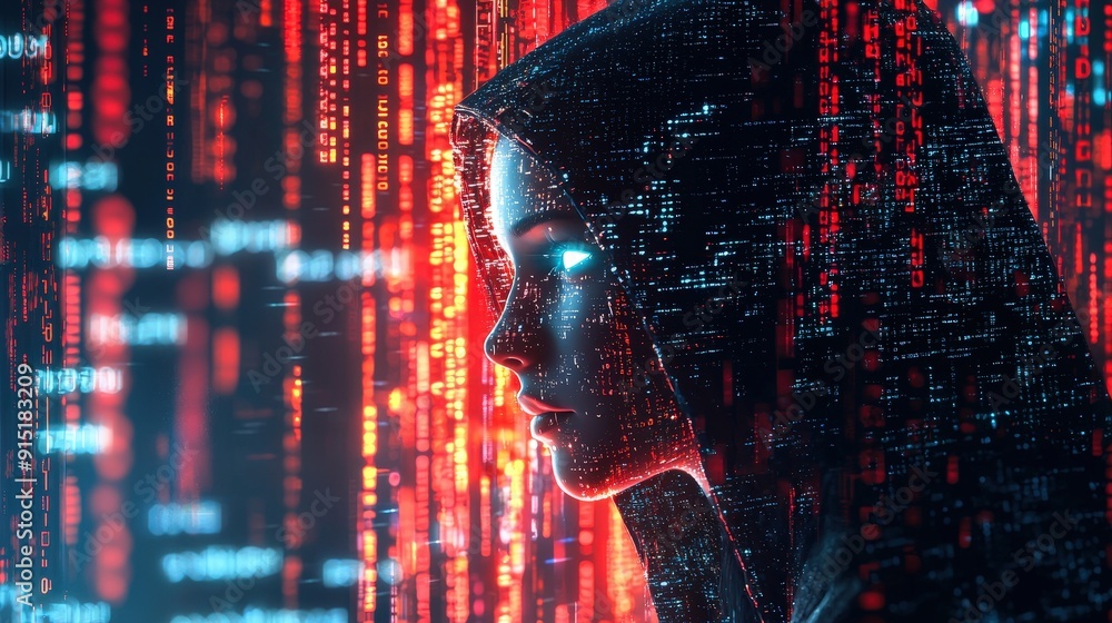 Leinwandbilder A mysterious figure in a hood gazes thoughtfully into a vibrant digital landscape illuminated by streaming binary code
