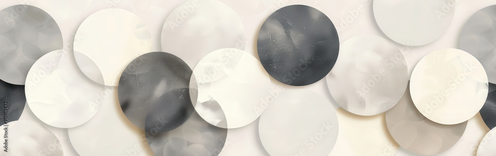 Poster A collection of white, gray, and black circles arranged in a random pattern on a light background. The circles overlap and create a sense of depth and movement. The texture of the circles appears to b
