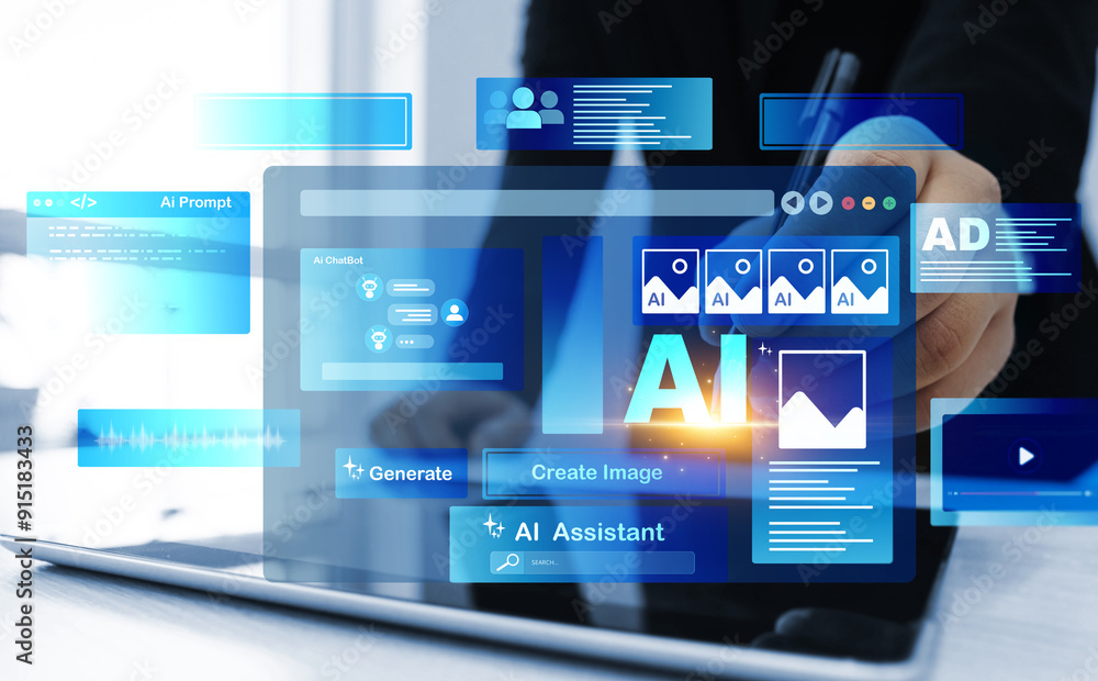 Poster Interaction with the Ai assistant to solve some tasks more easily. Image generator, documents, marketing and advertising, bot writing and coding.Person using laptop with Ai Content Generator. 