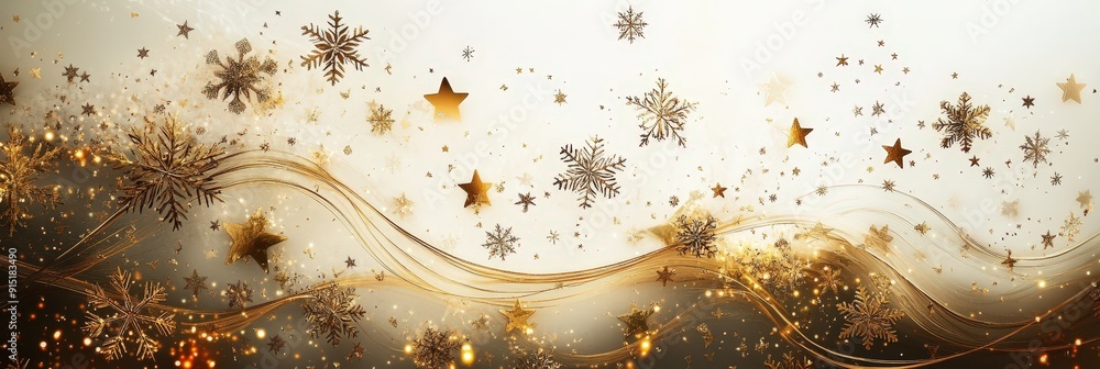 Poster golden stars and snowflakes float gracefully across a shimmering background, creating a festive and 