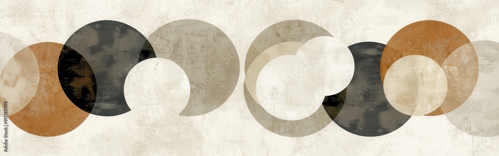 Poster The image features a horizontal row of overlapping circles with a white background. There are brown, black, white, and tan colored circles arranged in a pattern. They are semi-transparent and appear t