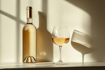 A bottle of white wine sits beside a glass, both casting soft shadows on a light wall in the warm glow of the afternoon sun