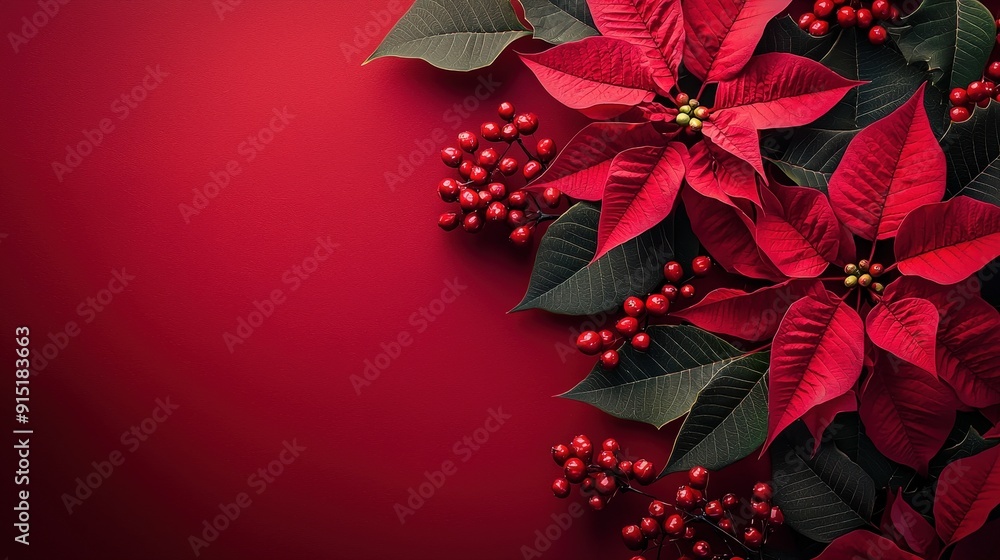 Aufkleber Bright red poinsettias and clusters of berries are arranged artfully on a red backdrop, creating a festive seasonal atmosphere