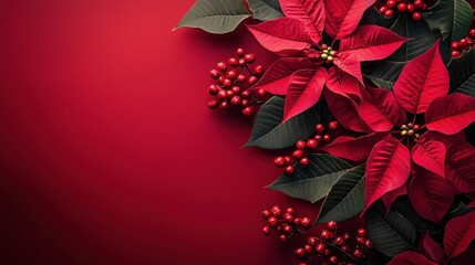 Bright red poinsettias and clusters of berries are arranged artfully on a red backdrop, creating a festive seasonal atmosphere