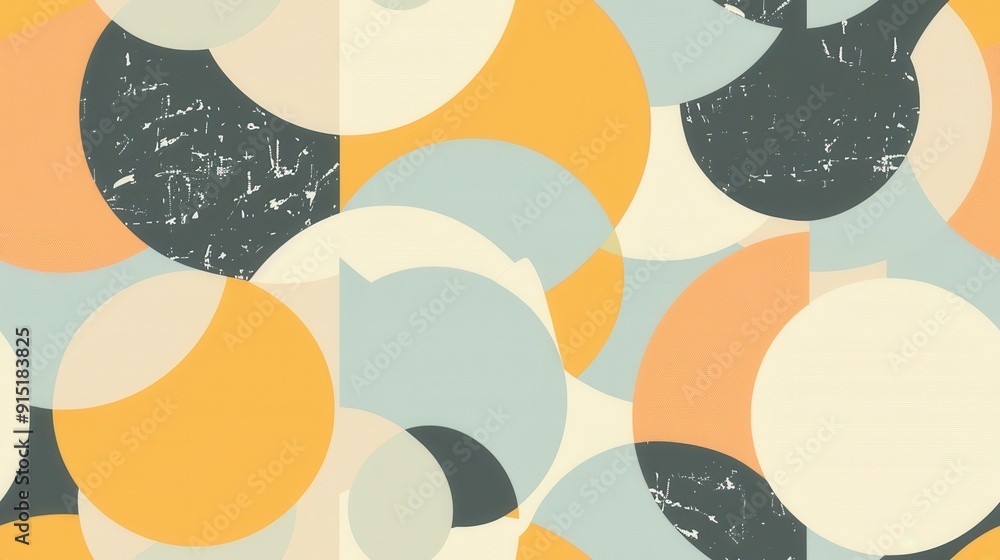 Poster an abstract geometric pattern featuring overlapping circles in various shades of yellow, orange, gra