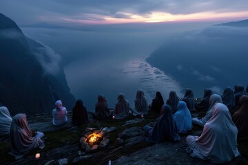 Naklejka premium Several people draped in neutral-toned cloaks sit in a meditative gathering atop a cliffside, providing a sweeping view of the valley below at twilight. The scene conveys peace.