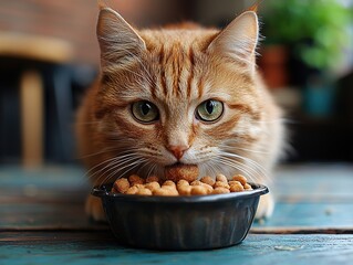 Cute cat munching on dry food from a blue plastic bowl, with its whiskers in action