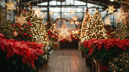Brightly lit stars and vibrant poinsettias create a festive atmosphere in the greenhouse during the holiday season