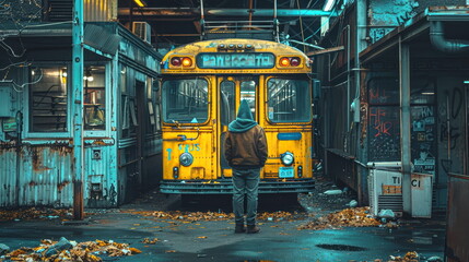 Obraz premium Man in a Hoodie Standing by a Yellow Bus in a Graffiti-Covered Alley.