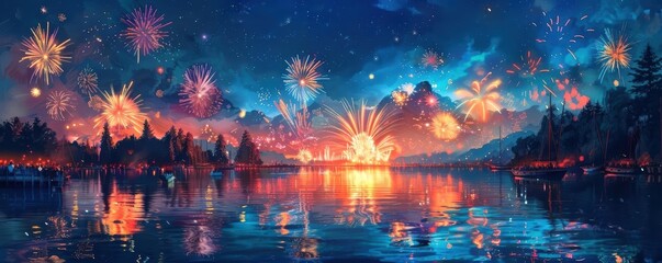 Obraz premium Colorful fireworks display over a lake with mountains in the background.