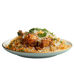 Delicious vegetable chicken biryani plate close up, top view, isolated on transparent background, cut out
