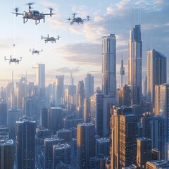 Futuristic city skyline with drones delivering packages, symbolizing innovation in technology and logistics