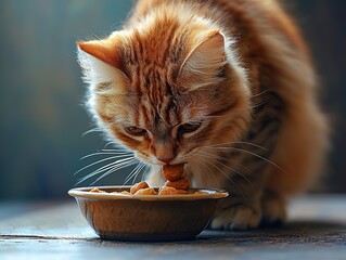 Feline eating from a red plastic bowl, with a focus on its content expression