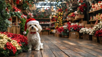 A cheerful small dog in a Santa hat sits amidst vibrant poinsettias, surrounded by enchanting holiday decorations and lights in a cozy shop