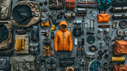 Design a top-down, meticulously organized layout of adventure gear and survival equipment, with a central figure in exploration attire, AI Generative