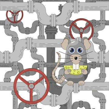 Cute flat mouse on the water pipes. Plumbing art. Rats in the basement. Vector illustration can used t-shirt print children boook notebook cover. EPS 10