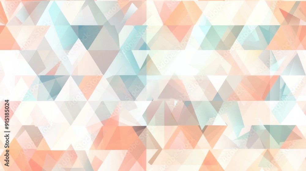 Poster An abstract geometric pattern with pastel colors. The pattern is made up of triangles in shades of pink, peach, blue, white, and grey. The triangles are arranged in a random, overlapping pattern, crea