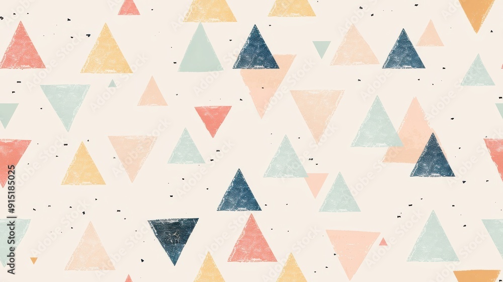 Poster A seamless pattern of overlapping pastel triangles in shades of blue, yellow, pink, and peach. The triangles are arranged in a chaotic pattern on a white background with small black dots. The backgrou