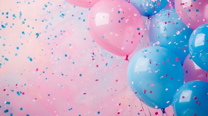 Celebrate, balloons and confetti background with copy space for festive gender reveal party, decor, balloon, birthday, fun, holiday, surprise, festive, happy