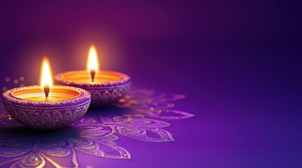 Glowing Diya lamps in rich violet ambiance, Indian cultural celebration, Festive decor, Spiritual significance, Copy space for text