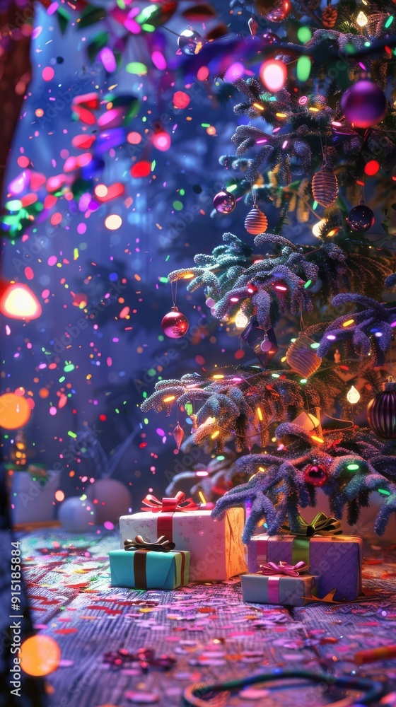 Aufkleber a close-up view of a decorated christmas tree with presents underneath, surrounded by festive confet