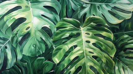 A close-up image of a watercolor painting depicting large, vibrant green Monstera leaves. The leaves overlap and create a lush, textured background. The painting captures the intricate details of the 