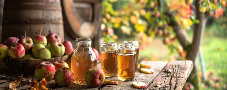 Freshly pressed apple cider in glass jars with fresh apples, rustic setting.