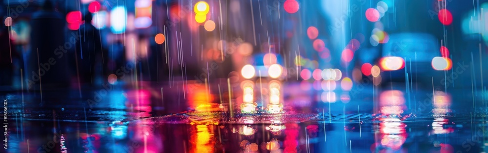 Poster rain falls on a city street at night, creating reflections of colorful bokeh lights from the passing