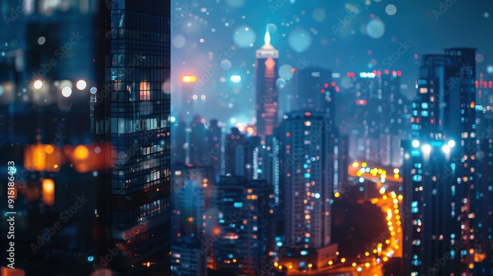 Aufkleber The image depicts a nighttime view of a city skyline from a high-rise building. The city is illuminated by countless lights, creating a dazzling display of color and activity. The focus is on a buildi