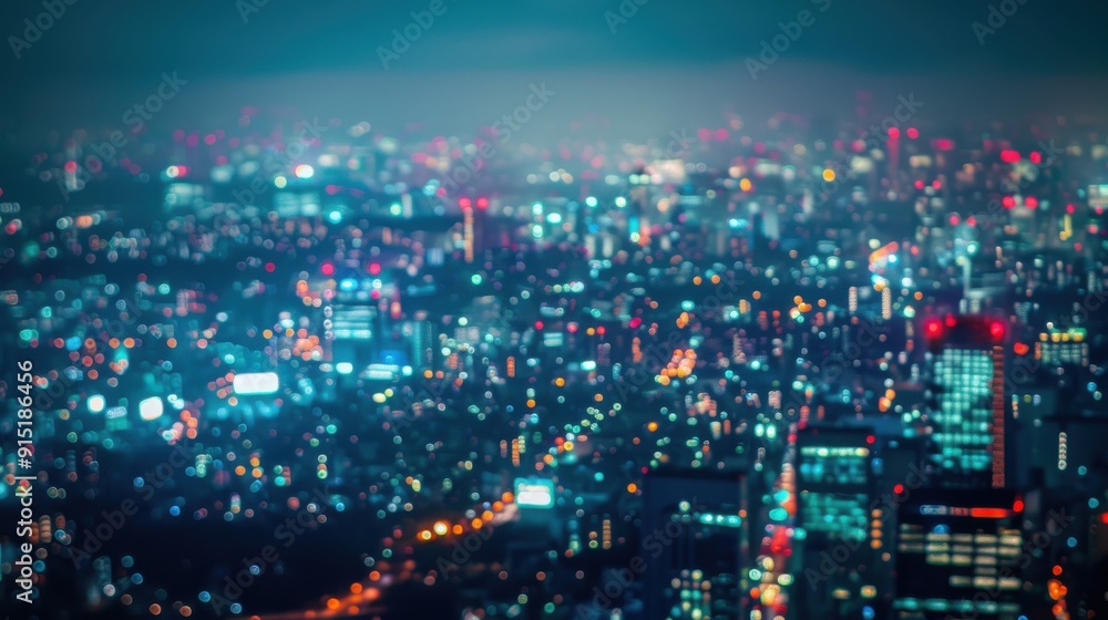 Poster an aerial view of a city at night, with a vast expanse of blurred lights reflecting off buildings an