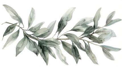 Obraz premium A watercolor painting of a branch with green leaves. The leaves are painted in a realistic style, with shades of green and a hint of gray. The branch is depicted in a simple, elegant way, showcasing t