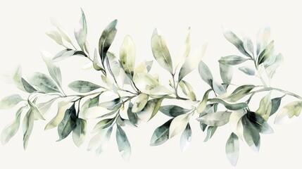 A watercolor painting of an olive branch with green leaves against a white background. The leaves are painted in shades of green and yellow, with some of the leaves overlapping each other. The paintin