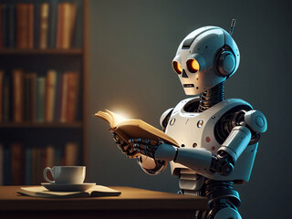 Fototapeta premium Futuristic Robot Reading a Book in a Library