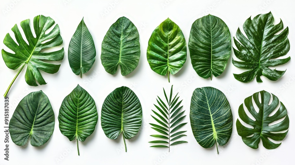 Poster multiple tropical leaves of different shapes and sizes arranged neatly on a white background, enhanc