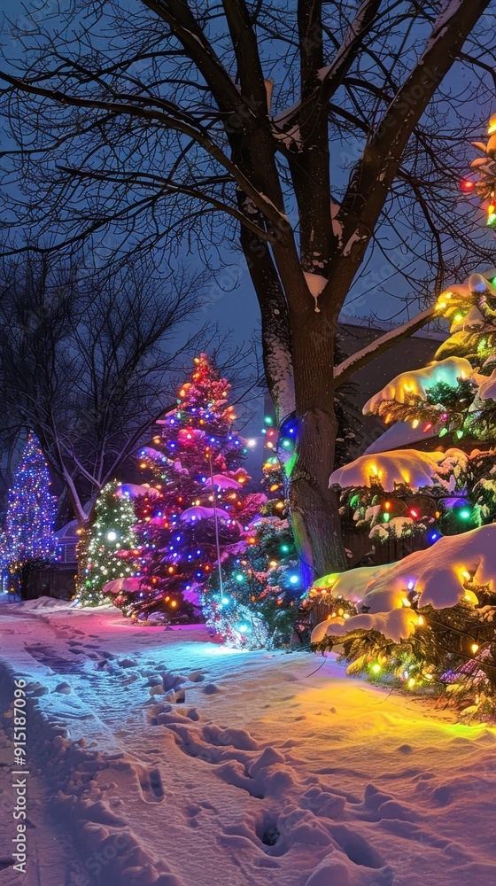 Aufkleber a snowy yard is illuminated by colorful christmas lights strung on several fir trees. the lights cas