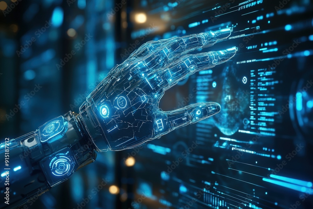 Poster A robotic hand reaches toward a glowing digital display filled with data and holographic information