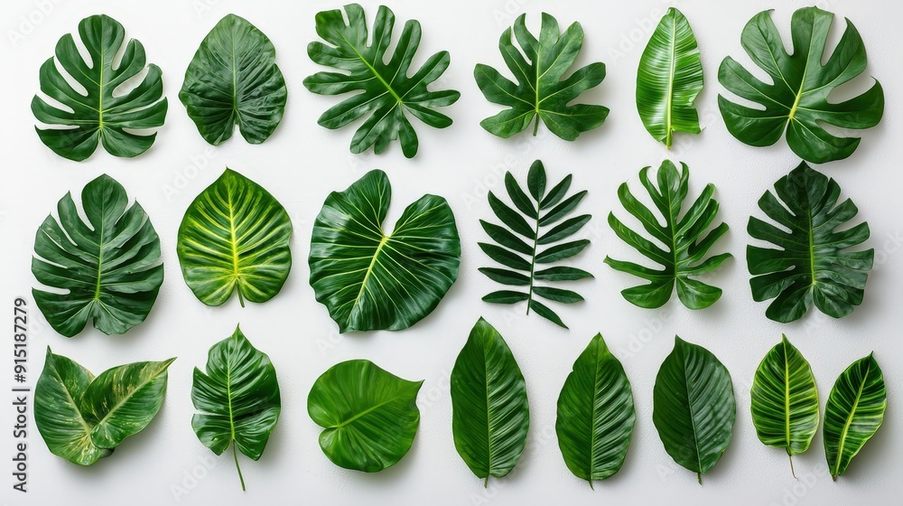Poster A variety of green leaves featuring different shapes and textures are arranged on a white surface, illuminated by natural light