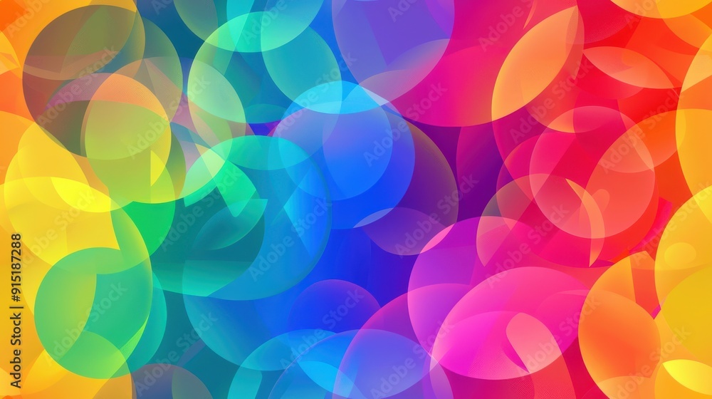 Poster An abstract design features a pattern of many bright, overlapping, translucent circles in a variety of colors including orange, yellow, green, blue, purple, and pink. The colors blend together smoothl