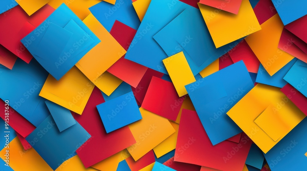 Poster A vibrant abstract pattern featuring overlapping squares in blue, red, and yellow hues. The squares are arranged in a seemingly random pattern, creating a dynamic and visually stimulating composition.