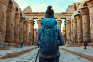 Fototapeta premium Back view of a woman with a backpack exploring ancient temple ruins, highlighting the majestic columns, historic architecture, and the awe-inspiring feeling of human history and exploration.