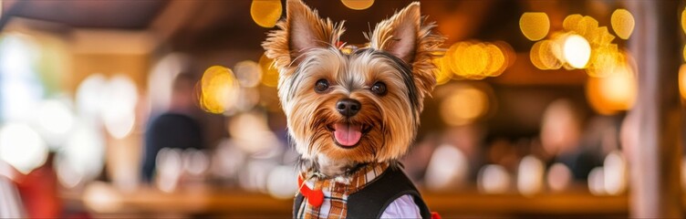 Naklejka premium Cheerful Yorkshire Terrier in Bavarian Costume Posing Happily at the Munich Beer Festival Celebration, Capturing the Festive Spirit of the Season
