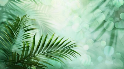 A single palm leaf branch is positioned in the foreground, its vibrant green color contrasting with the soft, out-of-focus background of blurred greenery and natural light.