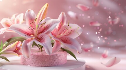 Pink lily flowers and glittery fabric on podium for cosmetic and perfume display. Ideal for special occasions.