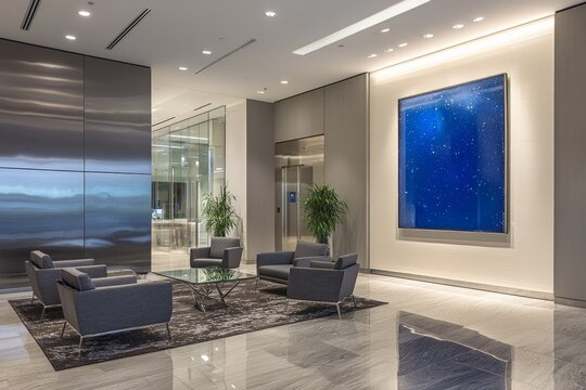A contemporary grey office lobby with large reflective surfaces and minimalist furnishings is punctuated by a single, brightly colored blue art piece on the wall, providing a focal point