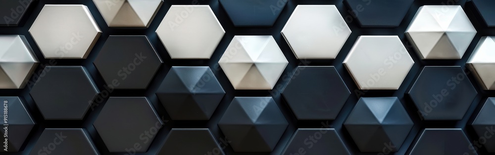 Poster A wall is covered in a repeating pattern of hexagonal tiles, each with a slightly different shade of grey, white, and black. The tiles have a three-dimensional quality, giving the surface a textured a