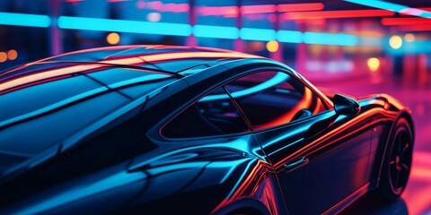 Sleek and modern depiction of a black car illuminated by blue and red neon lights, emphasizing the car's contours and futuristic design.
