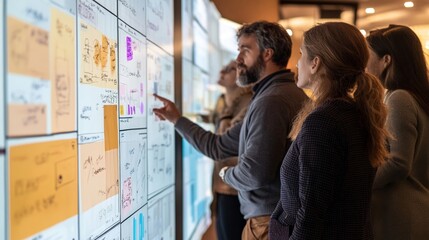 Team engaged in a dynamic brainstorming session with interactive screens, showcasing creativity in visualizing new axioms